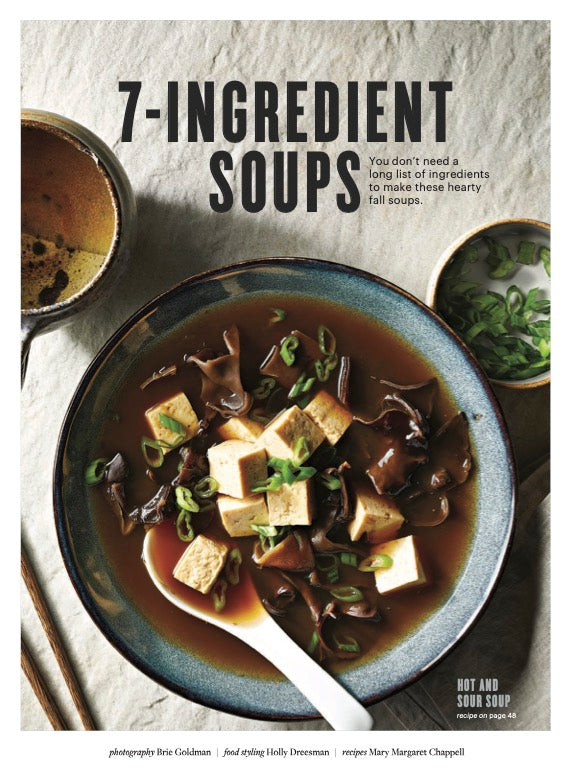 First page of the 7-Ingredients Soup spread, with a large bowl of Hot and Sour Soup in the middle of the page