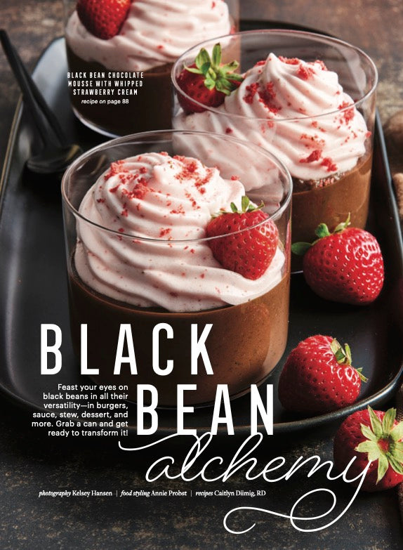 Black Bean Alchemy headline, with three glasses of Black Bean Chocolate Mousse with Whipped Strawberry Cream
