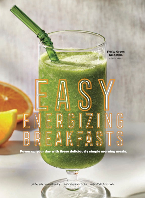 Fruity Green Smoothie in a tall glass with a green straw next to the headline "Easy Energizing Breakfasts"