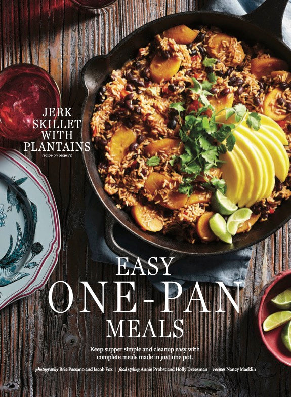 Easy One-Pan Meals spread with a skillet of cooked veggies and plantains