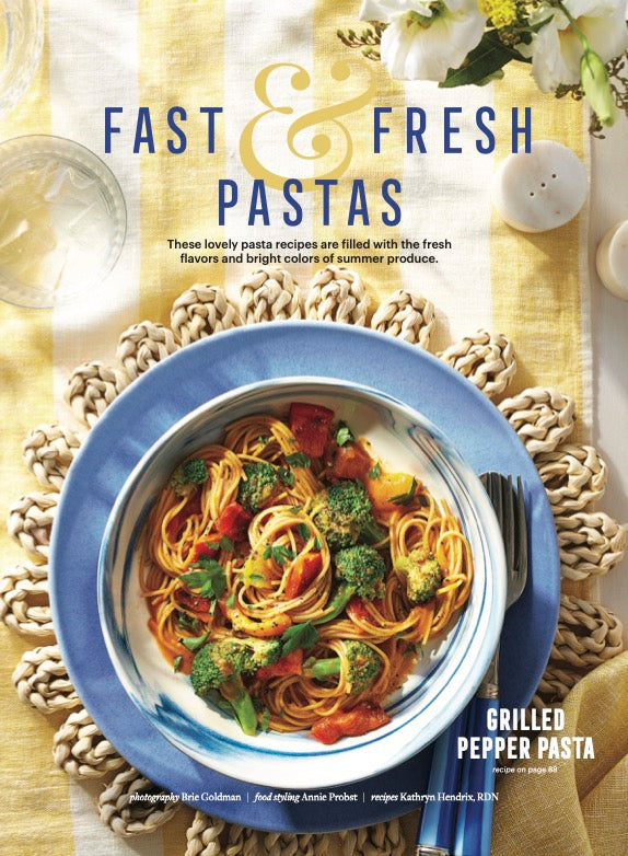 Fast and Fresh Pastas with Grilled Pepper Pasta on a pale blue plate