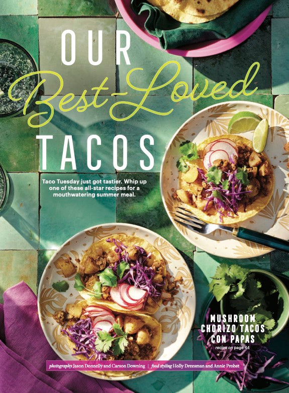 Best-Loved Tacos page from the Summer 2024 magazine, with two colorful plates of Mushroom Chorizo Tacos Con Papas