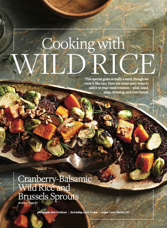 Lead page to the Cooking with Wild Rice story, featuring Cranberry-Balsamic Wild Rice and Brussels Sprouts