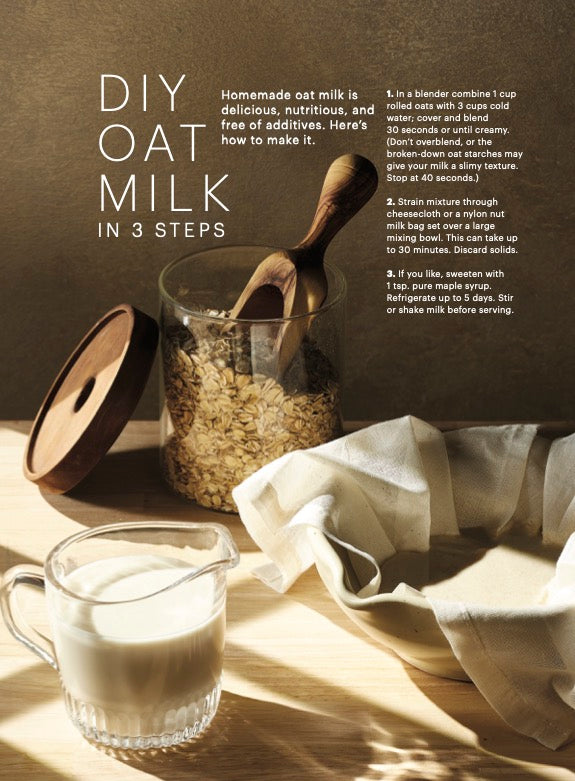 DIY Oat Milk in 3 Steps, with a glass of milk next to a container of oats