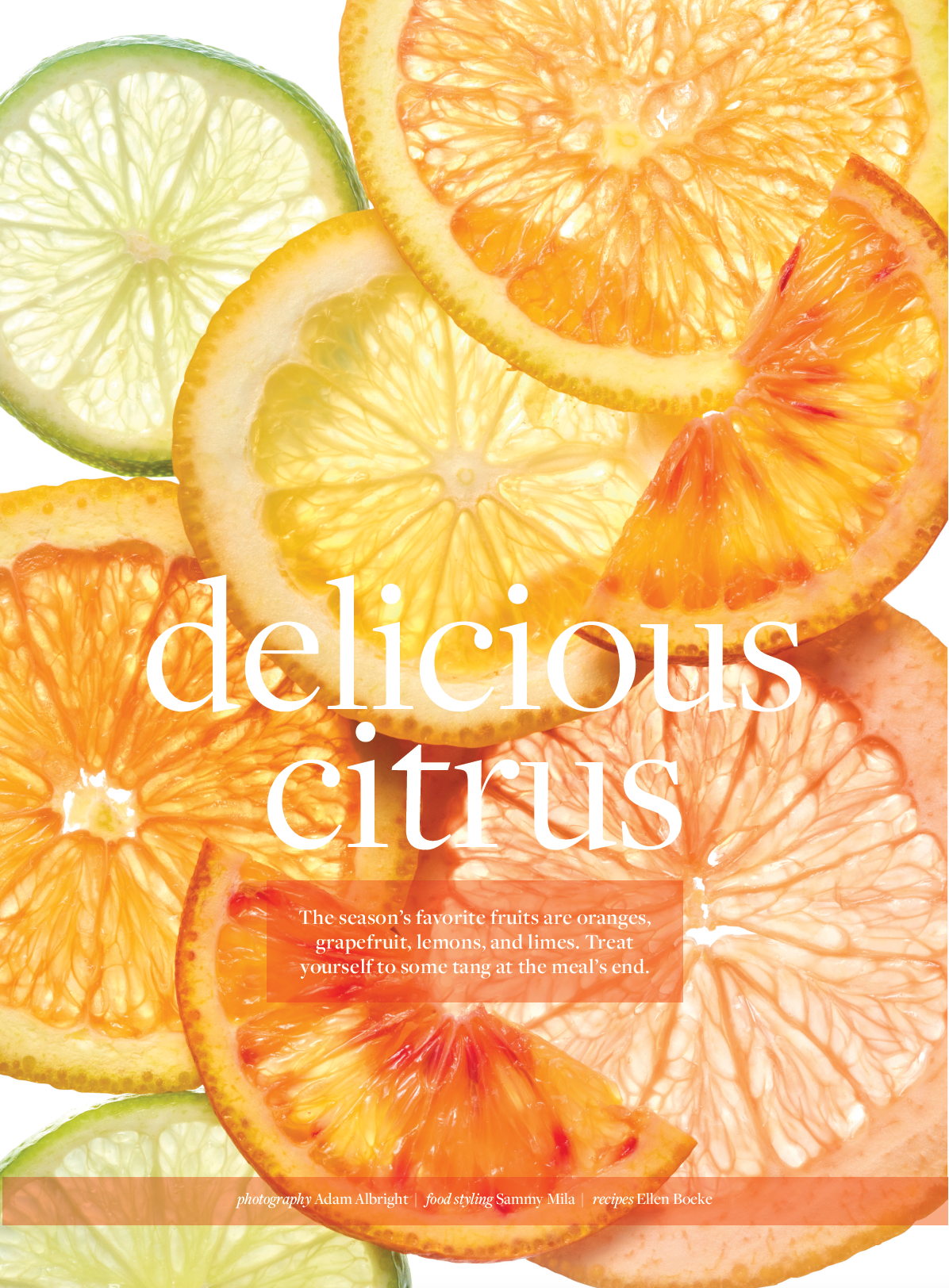 Close-up of colorful slices, with the heading "Delicious Citrus"