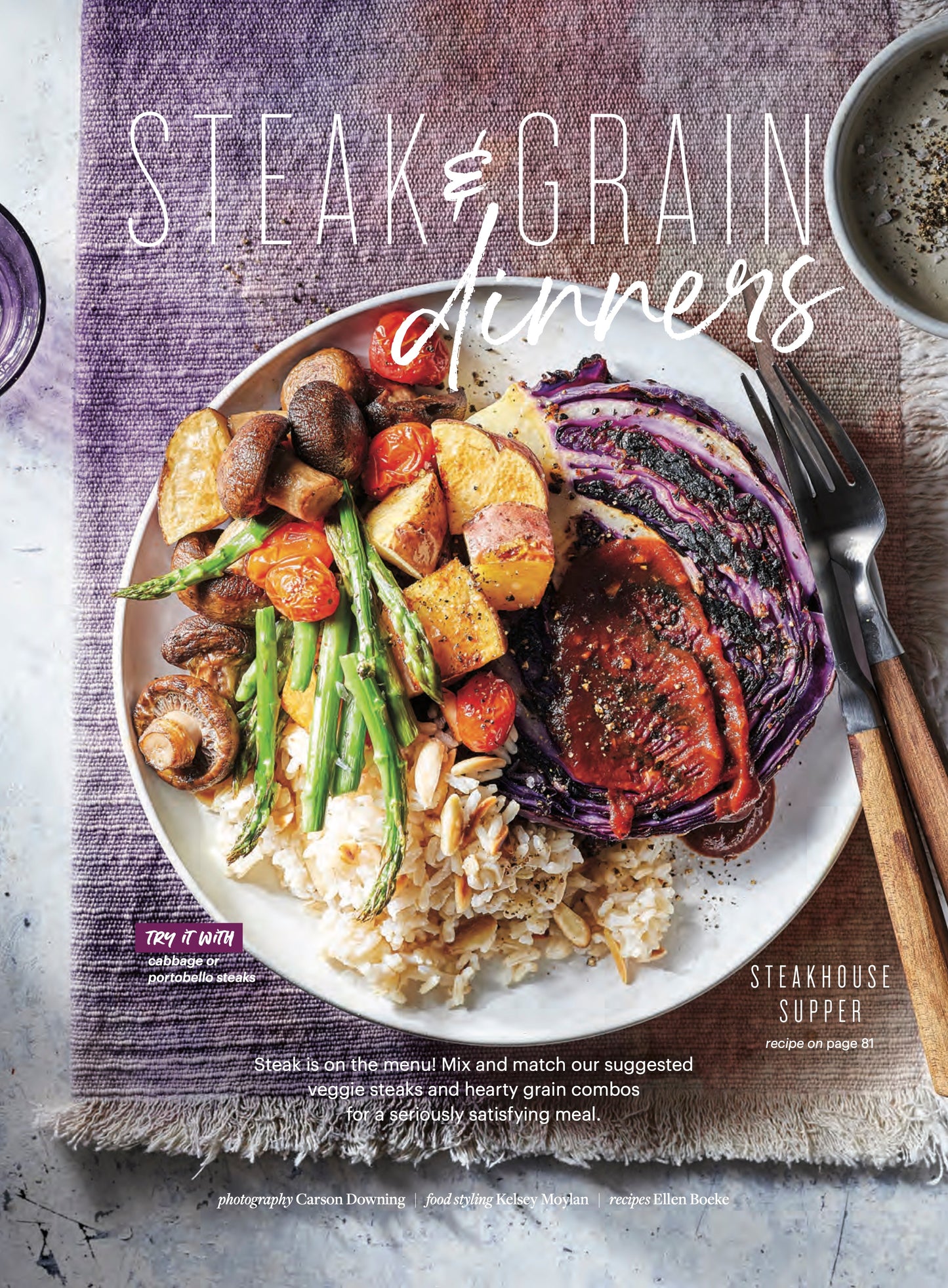 A plate of roasted veggies with rice and red cabbage veggie steaks