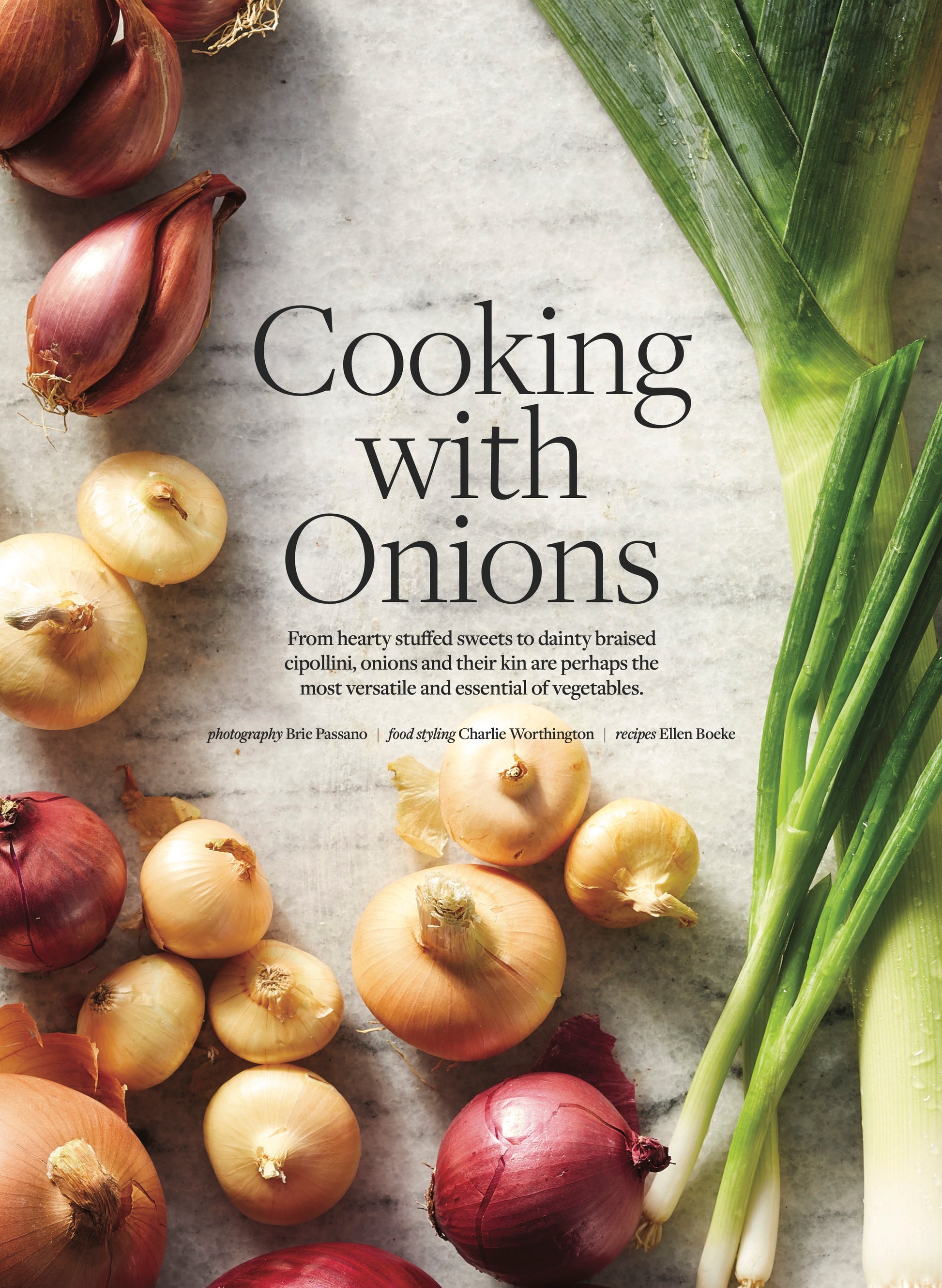 An article about cooking with onions with and image of loose onions, shallots, leek, and green onions