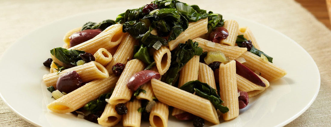Penne with Swiss Chard, Olives, and Currants