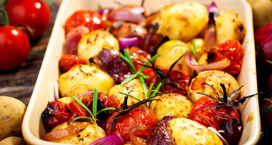 Potato and Onion Bake with Rosemary and Tomatoes