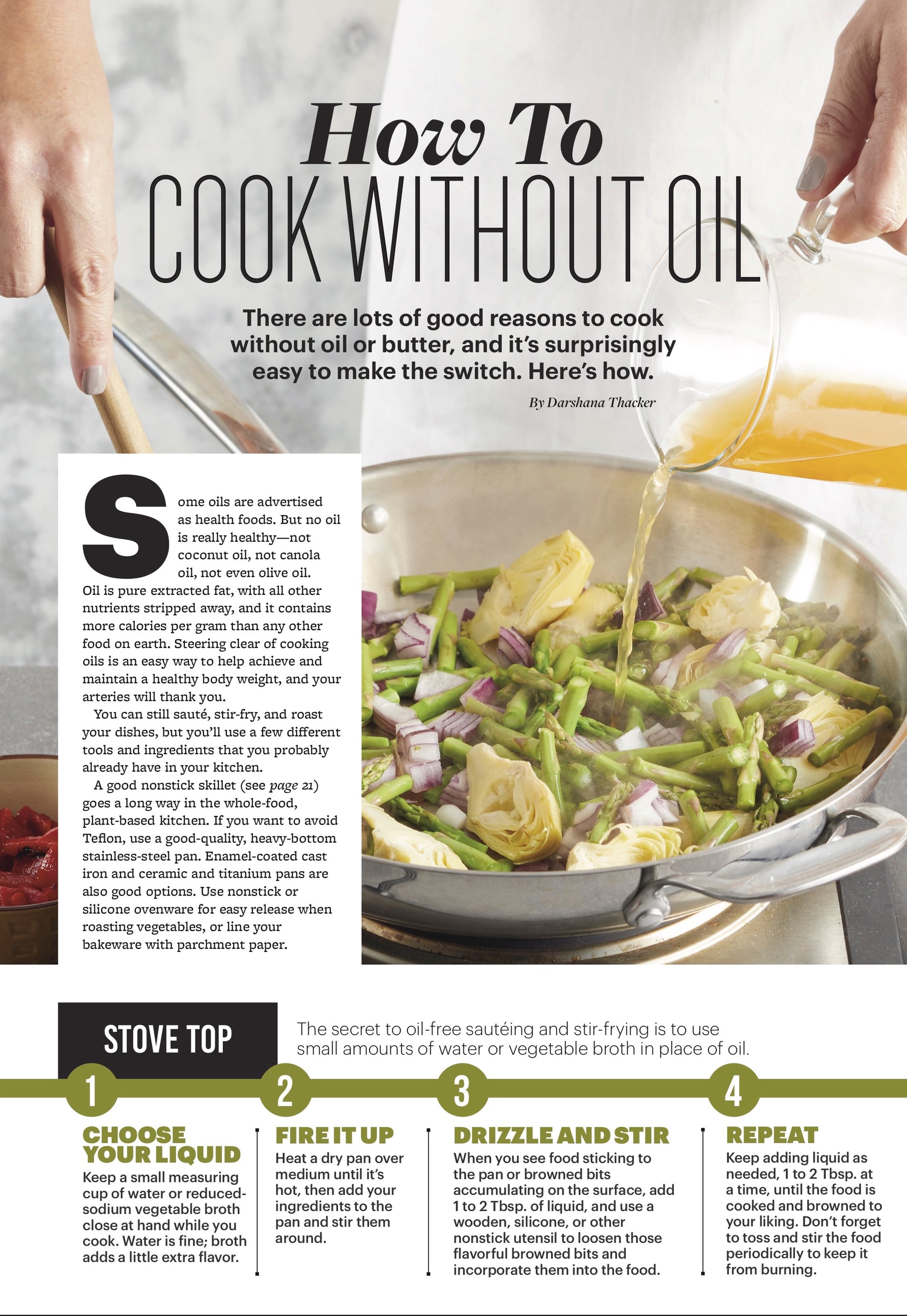 Guide on How to Cook Without Oil with a photo of a wok and a person adding broth and stirring