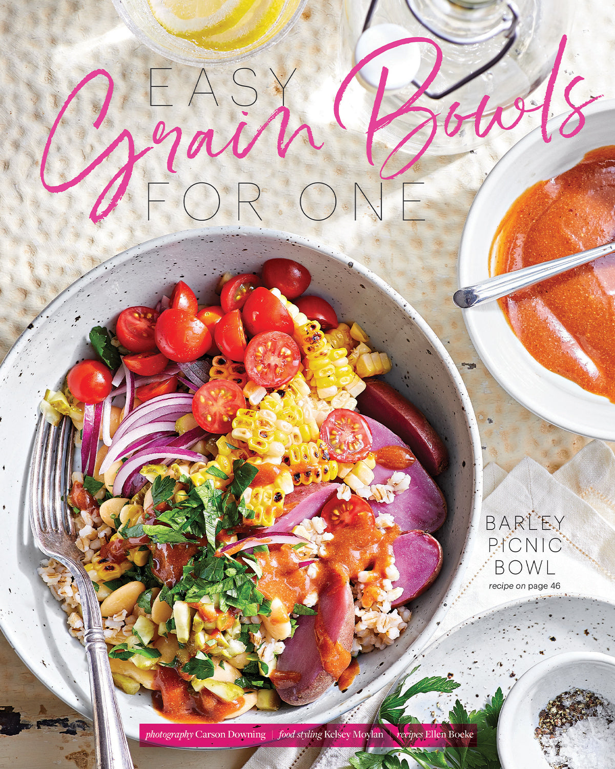 Colorful plate of Barley Picnic Bowl recipe, as part of a collection of Easy Grain Bowls for One