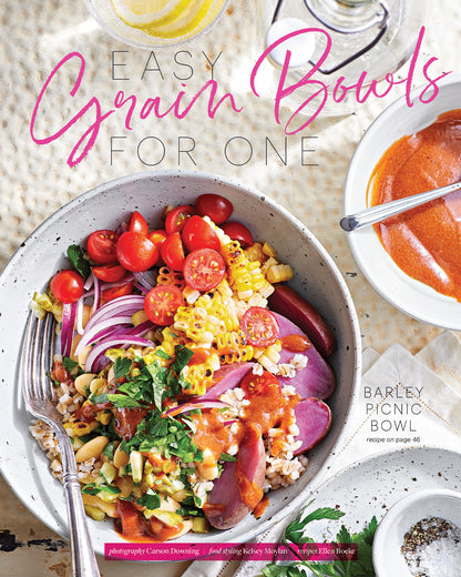 Colorful plate of Barley Picnic Bowl recipe, as part of a collection of Easy Grain Bowls for One